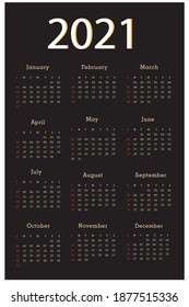 Simple calendar vector illustration for 2021. Week starts on Sunday
