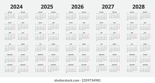 Simple calendar vector, years 2024 - 2028, week start monday svg