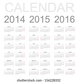 Simple Calendar year 2014, 2015, 2016, vector