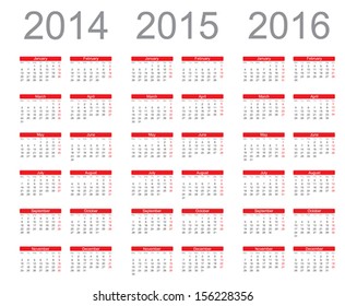 Simple Calendar year 2014, 2015, 2016, vector