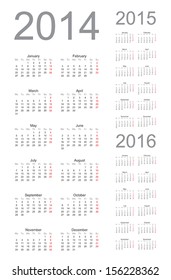 Simple Calendar year 2014, 2015, 2016, vector