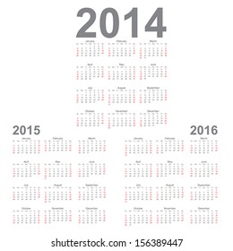 Simple Calendar year 2014, 2015, 2016, vector