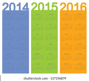 Simple Calendar year 2014, 2015, 2016, vector