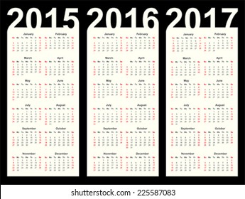 Simple Calendar year 2015, 2016, 2017, vector