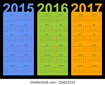 Simple Calendar year 2015, 2016, 2017, vector