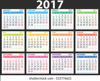 Simple calendar for the year 2017, each month has its own color, days of the week abbreviated in two letters, Saturday and Sunday weekends are marked in red, vector