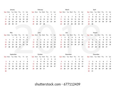 Simple calendar for the year 2018