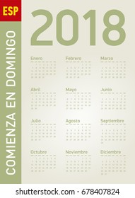 Simple Calendar for year 2018, in vectors. In Spanish. Week starts on Sunday.