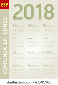 Simple Calendar for year 2018, in vectors. In Spanish. Week starts on Monday.