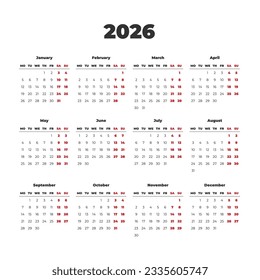 Simple calendar for the year 2026. Weeks start on Monday