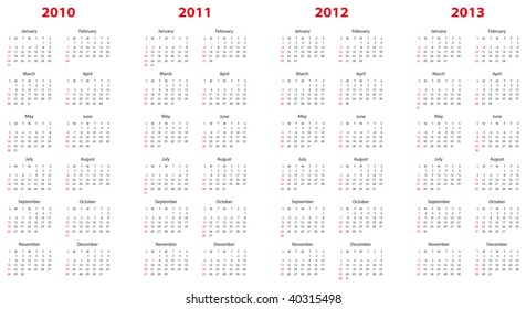 Simple Calendar Years 2010 2011 2012 Stock Vector (Royalty Free ...