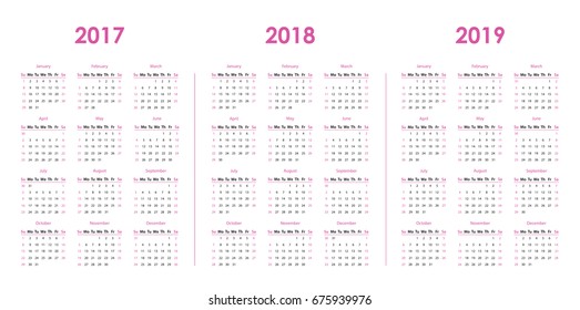 Simple calendars for 2017, 2018 2019 business organizer