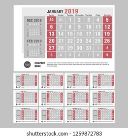Simple calendars for the 2019 year, the week starts Sunday. Vector illustration.