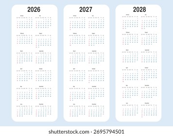 Simple calendars showing the years two thousand twenty six through twenty eight
