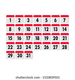 Simple calender, Red abstract calendar for your design. Calendar day icon set, number on calendar page. Vector illustration, flat design.