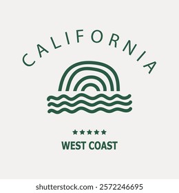 Simple California West Coast design featuring a sunset over waves. Captures the essence of coastal living and serene ocean vibes. Perfect for apparel, travel souvenirs, and graphic projects.