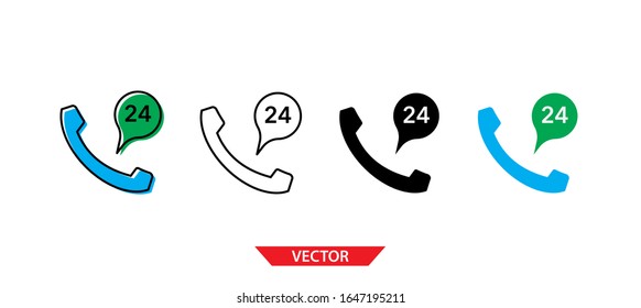 Simple call center, 24 hours icon on white background 4 types such as outline, black, color, outline and color. Vector illustration.