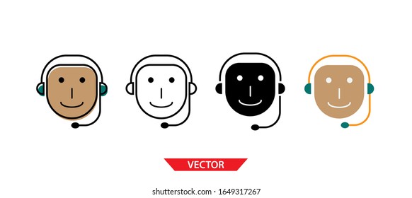 Simple call center operator icon on white background 4 types such as outline, black, color, outline and color. Vector illustration.