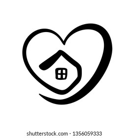 Simple Calligraphy House with heart. Real Vector Icon. Consept comfort and protection. Architecture Construction for design. Art home vintage hand drawn Logo element