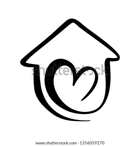 Simple Calligraphy House with heart. Real Vector Icon. Consept comfort and protection. Architecture Construction for design. Art home vintage hand drawn Logo element