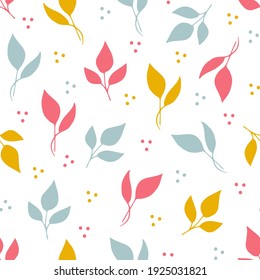 Simple calm floral vector pattern in pastel colors. Blue, pink, orange leaves on a white background. For prints of fabric, textile products, bed linen, stationery.