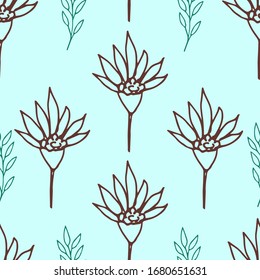 Simple calm floral vector seamless pattern. Hand-drawn dark brown outline of a flower, twigs with leaves on a light turquoise background. For printing on fabric, textile products.