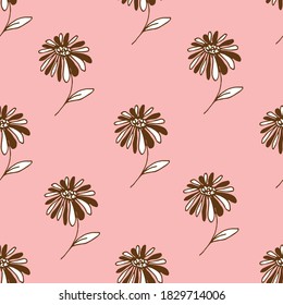 Simple calm floral vector seamless pattern. Chamomile flower on a pink background. For printing on fabrics, textiles, packaging, bedding, home decor, curtains.