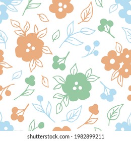 Simple y tranquilo vector floral sin fisuras. Azul, verde, flores beige, hojas, ramas sobre un fondo blanco. Para estampados de tejidos, productos textiles.