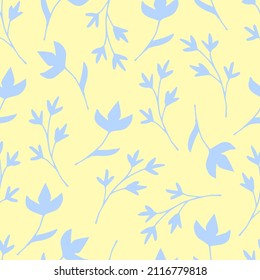 Simple calm floral vector seamless pattern in pastel colors. Small blue flowers, twigs on a light beige background. For fabric prints, textile products.