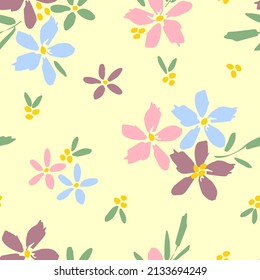 Simple calm floral vector seamless pattern in pastel colors. Pink blue flowers, twigs on a light beige background. For fabric prints, textiles.