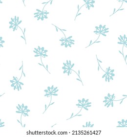 Simple calm floral vector seamless pattern. Small light blue flowers on a white background. For fabric prints, textiles.