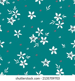 Simple y tranquilo vector floral sin fisuras. Pequeñas flores blancas, puntos rojos sobre un fondo verde azul. Para impresiones de tela, textiles.
