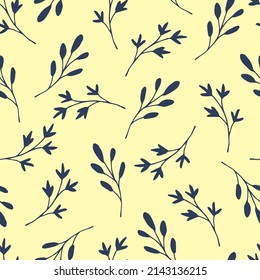 Simple calm floral vector seamless pattern in pastel colors. Small dark blue flowers, twigs on a light yellow-beige background. For fabric prints, textiles.
