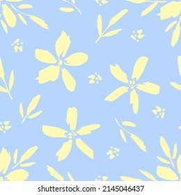 Simple calm floral vector seamless pattern. Flowers, twigs on a sky blue background. For fabric prints, textiles, apparel, home decor. Spring summer collection.