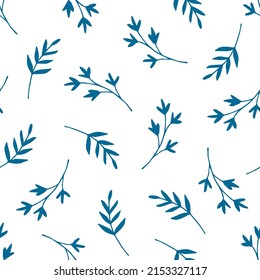 Simple calm floral vector seamless pattern. Blue twigs, leaves on a white background. For fabric prints, textiles, clothing, shirts.