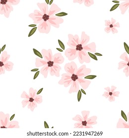 Simple calm floral vector seamless pattern. Delicate pink sakura flowers on a white background. For fabric prints, textile products.
