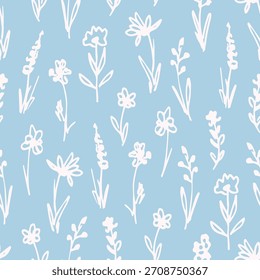 Simple calm floral vector seamless pattern. Light wildflowers on a sky blue background. For fabric prints and textile products.