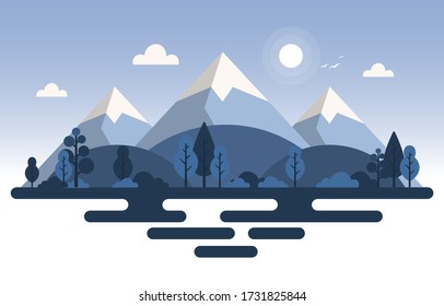 Simple Calm Mountain Forest Wild Nature Scene Landscape Monochrome Illustration