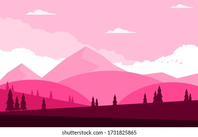 Simple Calm Mountain Forest Wild Nature Scene Landscape Monochrome Illustration