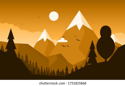 Simple Calm Mountain Forest Wild Nature Scene Landscape Monochrome Illustration