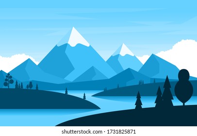 Simple Calm Mountain Forest Wild Nature Scene Landscape Monochrome Illustration