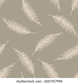 Simple calm vector seamless pattern. Light inflorescences of a panicle of pampas grass on a beige-gray background. For prints of fabric, wallpaper, interior decor, textile products.