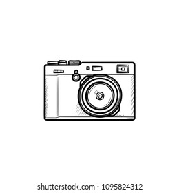 Simple camera hand drawn outline doodle icon. Vintage photocamera with lens and flash vector sketch illustration for print, web, mobile and infographics isolated on white background.