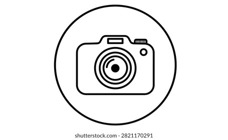 Simple camera outline icon enclosed in a circular frame shown in black lines on a white background.