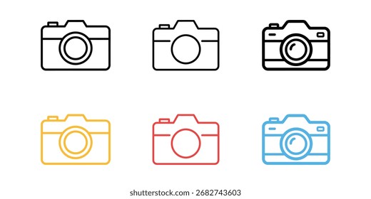 Conjunto de iconos de contorno de cámara simple en varios colores, incluidos negro, dorado, rojo y azul, que se muestran sobre un fondo blanco limpio. Dibujo de Vector.