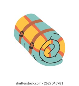 Simple camp blanket. Hand drawn cute cartoon illustration of camping blanket. Flat vector outdoor sleeping bag sticker in colored doodle style. Tourism protection gear icon or print.
