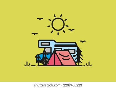 Simple camper van camping illustration design