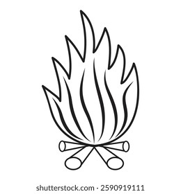 Simple Campfire Icon: Line Art with Jagged Flames and Logs with Sharps