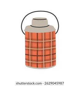 Simple camping big red thermos. Outdoor camp thermos bottle isolated flat design for hot drinks and soup