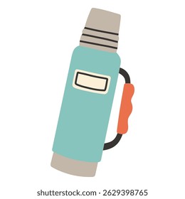 Simple camping blue thermos. Outdoor camp thermos bottle isolated flat design for hot drinks and soup